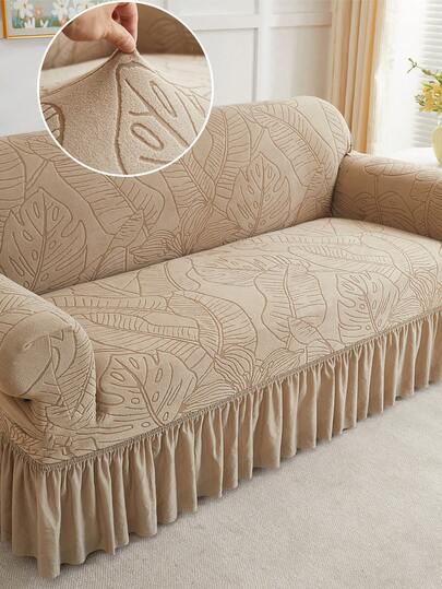 1pc Camel Color Leaf Pattern Elastic Skirt Style Sofa Cover, Skirt Design Sofa Home Protective Cover, Nordic Modern Polyester Anti-Dust Anti-Slip Thickened Sofa Slipcover, Fits 1/2/3/4 Seater Sofa, Especially Suitable For Autumn/Winter Sofa Home Decor