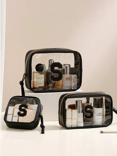 Transparent Mini Cosmetic Bag With Black Embroidered Letters A-Z, Suitable For Handbags, Cute Transparent Makeup Bag For School, Small Waterproof Square Zipper Cosmetic Bag For Travel, Stationery Case, Home Holiday Storage Pouch