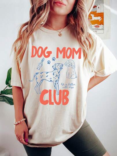 Women's Dog Mom Graphic T-Shirt, Round Neck Short Sleeve Casual Top For Dog Lovers