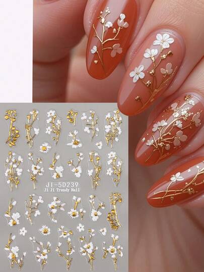 2026 New White Daisy & Golden Leaf French Manicure Stickers, DIY Decorative Materials