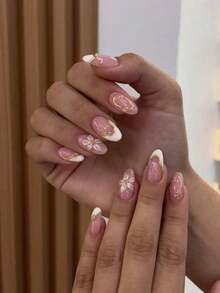 24pcs Almond Shaped 3D Gel Nail Stickers, Floral Nail Art Design, French Tip Style, Medium Size Metal Cross Decor, Pearl Accent, Perfect For Acrylic Nail Tips, Includes: 1pc Jelly Gel And 1pc Nail File. Almond Shaped French Nail Stickers, Suitable For Women's Daily Work, Festivals And Parties. - 多色 6 - 查看 3