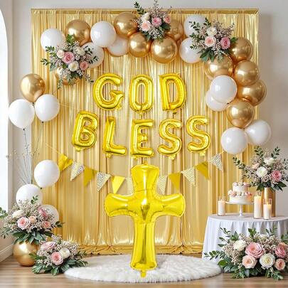 10pcs Communion Baptism Cross Balloons, Includes 16-Inch Gold "GOD BLESS" Letter Balloons, Gold Swirl Triangle Pennant, Cross Helium Polyester Foil Balloons, Suitable For Baptism Party, Birthday Party, Easter Party Decorations, Home Room Decor