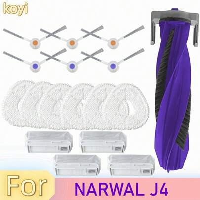 Narwal J4 基本替换零件套装 - 主边刷、HEPA 过滤器、集尘袋和可水洗拖布，适用于机器人吸尘器