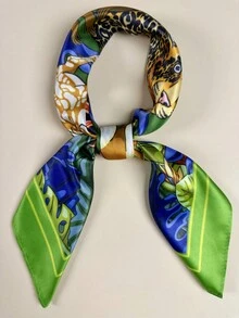1pc Women's Tropical Rainforest Animal Print Elegant Scarf, Satin Neckerchief Hair Accessory - Green - View 5