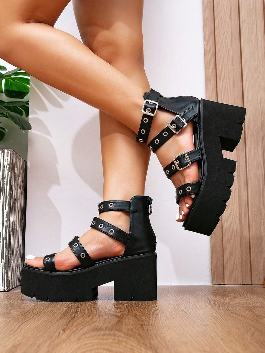 European And American Punk Style Multi-Strap Thick Sole Sandals, Black Peep Toe Platform Chunky Heel Roman Shoes For Women - Black - View 1