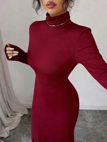 Solid Color Casual High Neck Dress - Burgundy - View 2