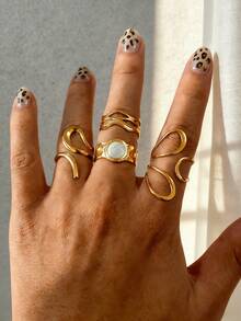 4pcs 18K Gold Plated Stainless Steel Elegant Minimalist Geometric Oval Ring Set, Suitable For Women Everyday, Holiday, Outing, Dating - Multicolor - View 2