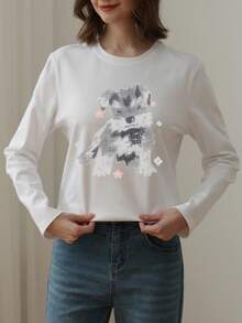 1pc Women's Casual Loose Cute Puppy Pixel Print Crew Neck T-Shirt, Sweet Girl Style, Spring 2026 New Arrival - White - View 3