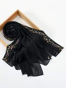 1pc Floral Embroidered Chiffon Scarf, 70x170cm, Lightweight Breathable Muslim Shawl, Multiple Colors Available,Beach,Holiday - Multicolor - View 16