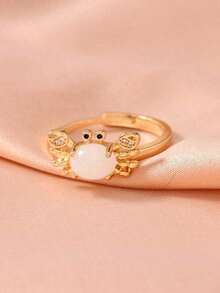 1pc Fancy Adjustable Crab Ring Women, Cute Vintage Summer Beach Style Copper Silver 18K Gold Plated Moonstone Light Blue Animal Rings Jewelry Girls Daily And Party Occasions, Friends - 月光白 - 查看 6