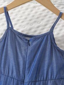 Girls Embroidered Blue Sleeveless Knee-Length Casual Dress, Summer - Blue - View 7