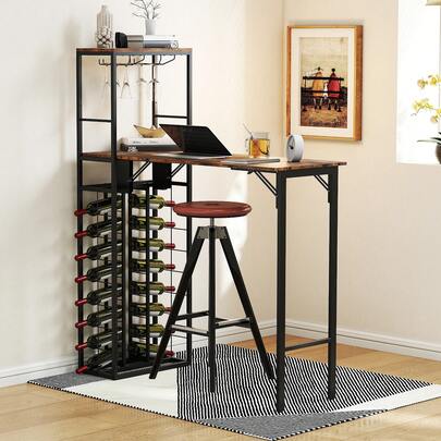  COSTWAY Bar Table With Foldable Tabletop, Tall Kitchen Island Table With Glass Racks, Bottle Holders And Storage Shelves, Wine Bar Table, Metal Coffee Bar For Dining Room And Living Room,Brown