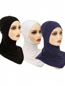 3pcs Women Fashion Solid Color Combo Set, Elastic Chin Cover, Convenient Hijab Scarf, Headscarf, Abaya Dress, Suitable For Daily Wear - 3pcs/set (black + White + Navy Blue) - View 2