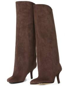 Luxury Fashion Women's Knee High Long Boots Square Toe Wide Calf Stiletto Heel Tall Boots - 巧克力棕 - 查看 10