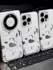 1 PC Hollow Line Snow Mountain Pattern Kickstand Phone Case - Stylish & Personalized With Mirror, Compatible With 11/12/13/14/15/16 Pro/17 Pro Max, Full-Body Protective Couple Case, Ideal Valentine's Day Gift - White - View 5