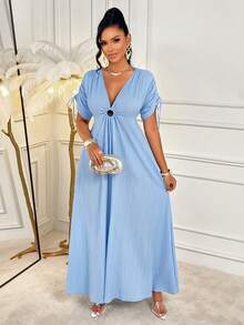 Amarilo Elegant & Sexy Textured Fabric Cutout A-Line Midi Dress With Deep V-Neck & Drawstring Sleeves, Ideal For Parties, Vacations & Dates - Light Blue - View 3