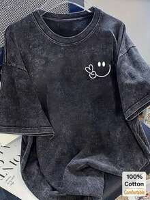 2026 LC Oversized Vintage Black Cotton Shirt With Face Print, Loose Fit,Vintage Washed Cotton Loose-Fit T-Shirt, Cute  Face And Heart Print, Women's Casual Street Style Short-Sleeve Top Fashionable Design Casual Daily WearT-Shirt, Retro-Shirt, Clothing Autumn And Winter,Male And Female Neutral Short Sleeves,Clothes Plus Size,Sweatshirt,Clothes Women,Tops,New Year's Clothing,Womens Tops,Spring,Summer Tops Women,Spring Clothes,Vacation Outfits Women,Valentines Gifts,Summer Outfits - 黑色 - 查看 1