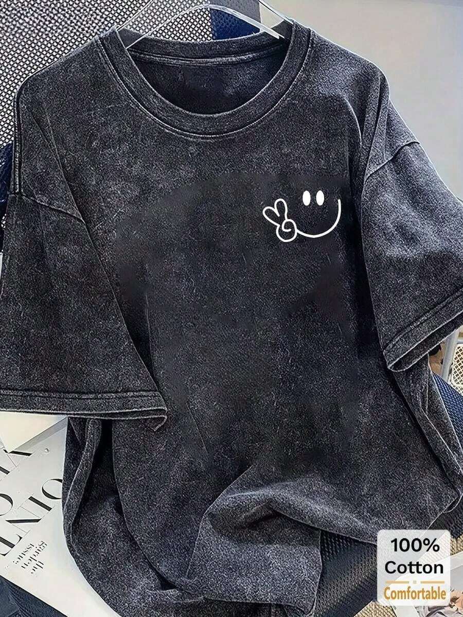 2026 LC Oversized Vintage Black Cotton Shirt With Face Print, Loose Fit,Vintage Washed Cotton Loose-Fit T-Shirt, Cute  Face And Heart Print, Women's Casual Street Style Short-Sleeve Top Fashionable Design Casual Daily WearT-Shirt, Retro-Shirt, Clothing Autumn And Winter,Male And Female Neutral Short Sleeves,Clothes Plus Size,Sweatshirt,Clothes Women,Tops,New Year's Clothing,Womens Tops,Spring,Summer Tops Women,Spring Clothes,Vacation Outfits Women,Valentines Gifts,Summer Outfits - 黑色 - 查看 1