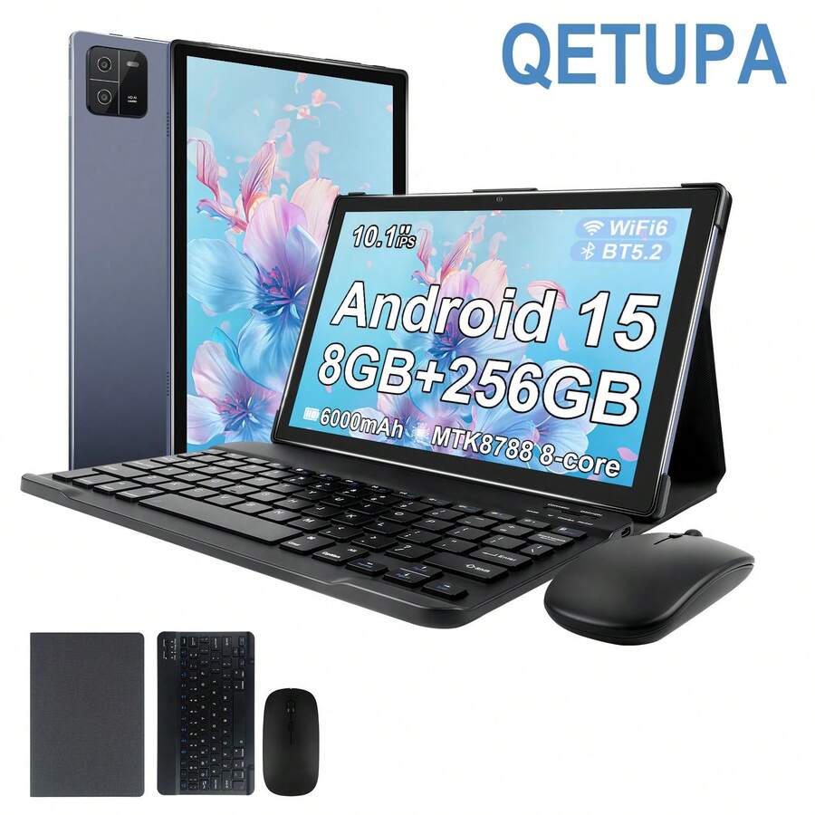 Qetupa 10.1 吋 Android 15 平板電腦,附保護殼、鍵盤與滑鼠,8GB RAM + 256GB 儲存空間(支援 1TB SD 卡擴充),MTK8788 八核心 2.0GHz 處理器,HD (1280x800) IPS 觸控螢幕,5MP 前置鏡頭與 13MP 後置鏡頭,6000mAh 電池 - 灰色 - 查看 1