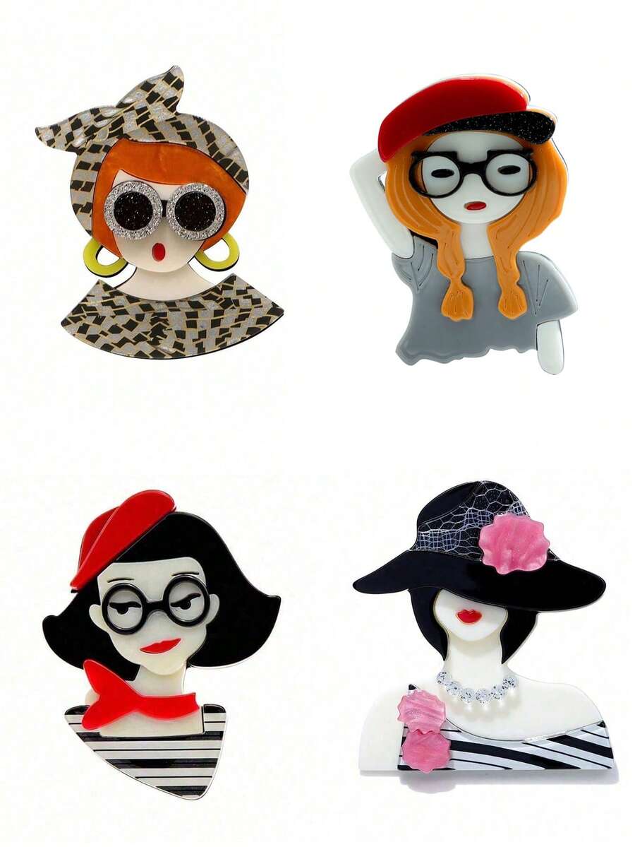 1 st handgjord akryl tecknad kvinna med hatt brosch, kreativ personlig modeaccessoar nålmärke - flicka - Visa 1