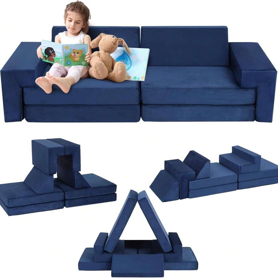 Sofá modular para niños, sofá para niños, 8 piezas, sofá de pepitas para niños, sofá convertible de espuma para niños y niñas, sofá para sala de juegos - Azul Marino - Ver 1