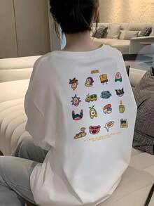 2026 Spring New Women's 1pc Casual Loose Graphic Tee, Reversible Funny Print, Personality Fashion Comfortable College Style Round Neck Top - White - View 2