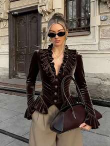 Spring New Velvet Retro Fitted Women Top - Coffee Brown - View 1