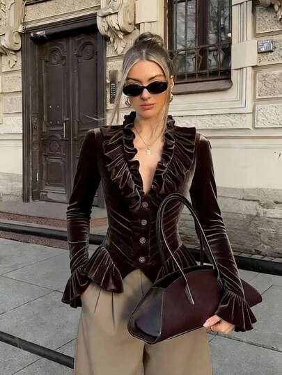 Spring New Velvet Retro Fitted Women Top