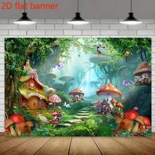1pc Enchanted Garden Photography Backdrop, Polyester Fabric With Mushroom, Butterfly And Wild Flower Pattern, Suitable For Birthday Party And Celebration Events - Multicolor - View 11