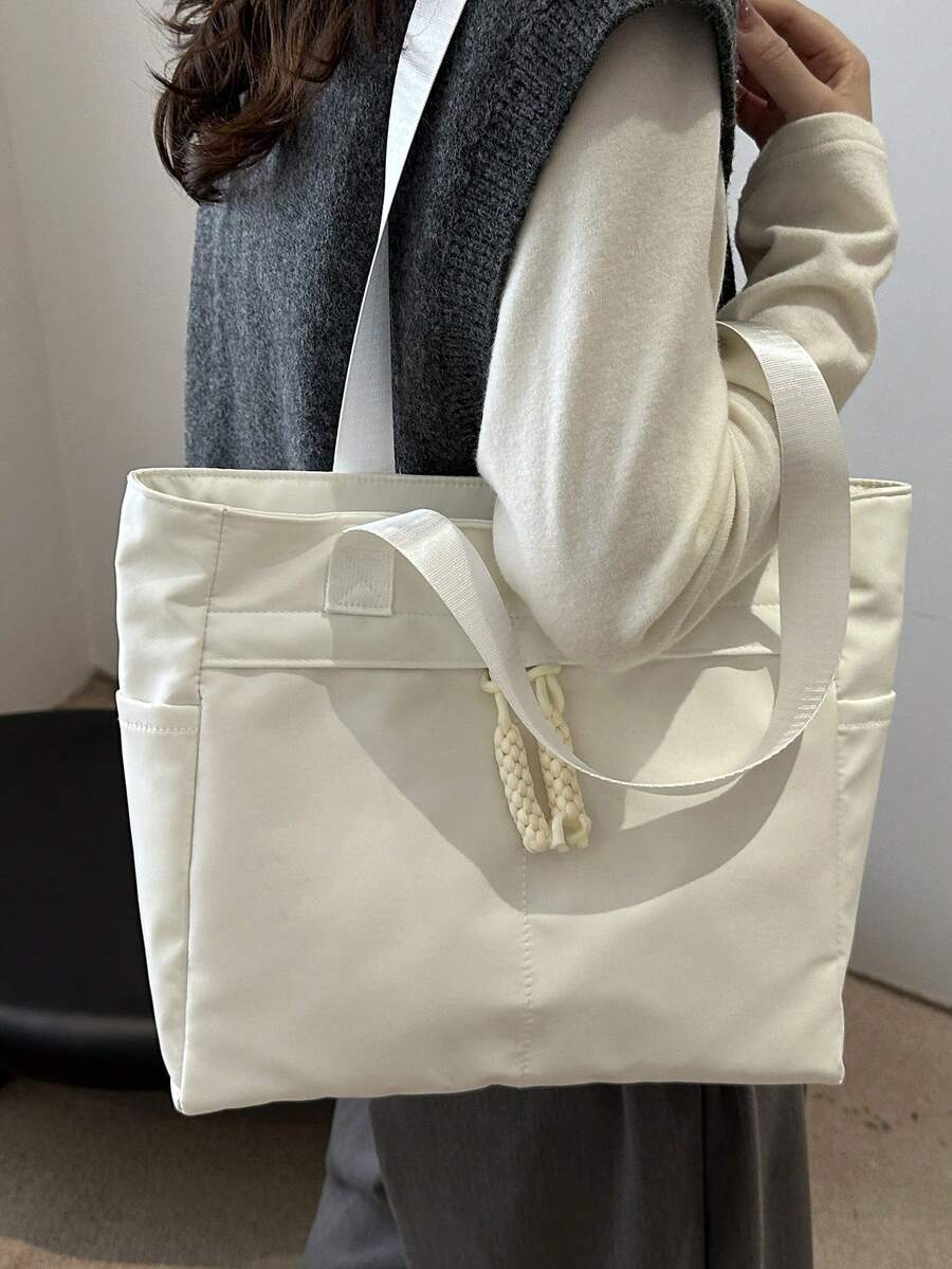 Bolsa de mão moderna em cor sólida, bolsa de ombro casual com contraste de cores, mochila para estudantes de literatura, adequada para mulheres e estudantes, pode ser usada para carregar livros, fazer compras, ir à escola, etc. - Branco - Ver 1