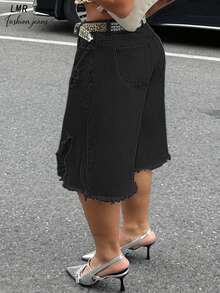 Plus Size Women Cotton Ripped Denim Shorts, Loose Fit Fringe Hem Casual Street Style - Black - View 6