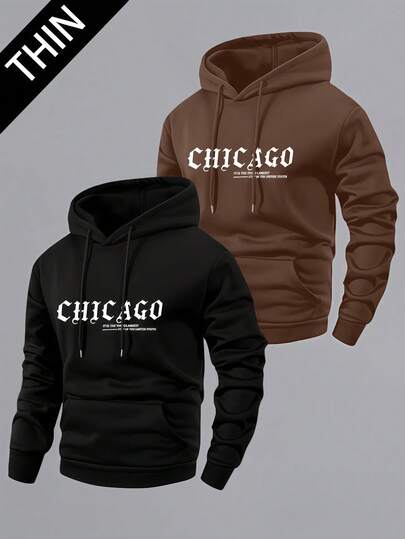 2pcs/Set Men's Hooded Sweatsuit, Lightweight And Breathable, With Long Sleeve, Drawstring Hood And Pockets, Suitable For All Seasons. Features Vintage Gothic-Style "CHICAGO" City Print On The Chest, Versatile For Daily Commute, School And Casual Wear, Creating A Fashionable American Street Style