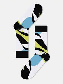 1双男士撞色几何不对称图案艺术设计精梳棉中筒袜，适合旅行、居家、办公、节日送礼 - 彩色 - 查看 9