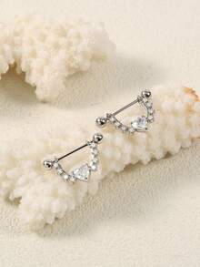 1 par de pendientes de botón con corazón de circonita de acero inoxidable para mujer, accesorio de perforación punk para uso diario - Plateado - Ver 3