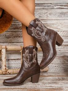2026 Women's Fashion Chunky Heel Square Toe Embroidered Classic Western Boots - Brown - View 4