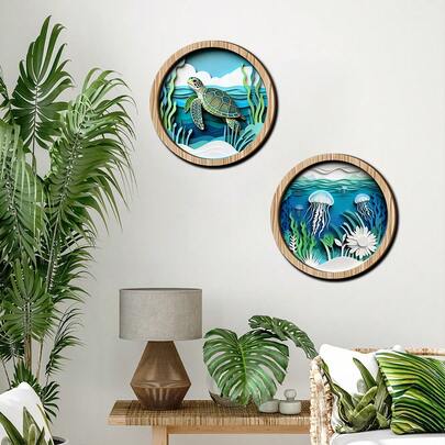 1/2pcsWooden Sea Life Wall Decor Round Carved Sign With Underwater Scenery Turtle Jellyfish For Home Interior Bedroom Ornament Nautical Style Art Creative Living Room