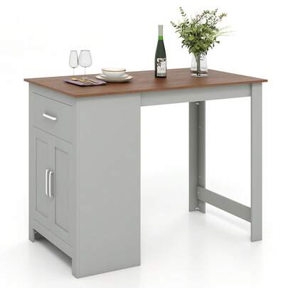  COSTWAY Bar Table, Counter Height Dining Table With  Storage Drawer & Cabinet, Modern Pub Table And Chairs For Small Spaces, Kitchen, Dining Room,Grey