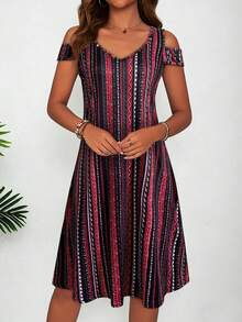 Spring & Summer Geometric Pattern Off-Shoulder V-Neck Dress, Casual Summer Spaghetti Strap Dress, Flowy Daily Mini Dress, Sexy Vacation Outfit, Casual Skirt - Multicolor - View 1