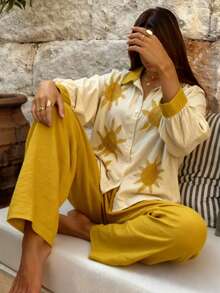 Sun Print Co-Ord Set: Loose Fit Button-Down Shirt & Elastic Waist Wide-Leg Pants In Boho Style For Resort Wear, Summer Vacations And Relaxed Outings For Women. - 混合色 - 查看 3
