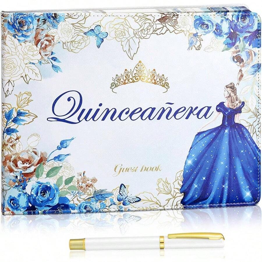 Quinceanera Guest Book With Pen 11x 8 Inch Libro De Firmas Para 15 Anos Quinceanera Leather Hardcover Signature Book Guest Sign In 15th Party Favors Decoration White Gold, Floral - Blue + Princess - View 1