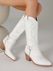 Women's Western Embroidered Boots Chunky Heel Boots Outdoor Fashion Mid Calf Boots Cowboy Boots With Side Buckle Chain Pointed Toe Party Dresesy Comfortable Riding Boots For Women - 白色 - 查看 6