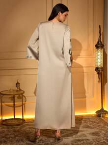 Solessence Women's Round Neck Contrast Color Open Back Long Sleeve Embroidered Beaded Elegant Dress Spring - Apricot - View 3