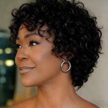 200% 密度卷曲波浪 Remy 真人发假发，波波头刘海，黑色，无痕免胶，适合日常佩戴、派对、节日，6 英寸，瞬间打造蓬松造型 - Natural Black - 查看 9