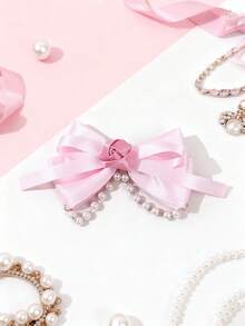 1个玫瑰花蝴蝶结发夹，女孩珍珠流苏复古甜美侧夹，时尚发饰 - 彩色 - 查看 2