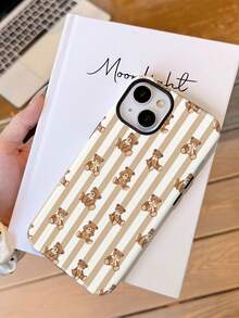 1pc Minimalist Retro Cute Striped Patchwork Bow Bear Pattern Glossy 2-In-1 Phifilm Case Full Coverage Hard Phone Shell Compatible With Samsung/ 11/12/13/14/15/16/17 Pro Max - Multicolor - View 2