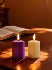 Plastic Beige Gear Striped Electronic Flameless Candle Set, Modern Flameless LED Party Candles, Faux Stone Wax Material Home Decor Candle Accessories - Multicolor - View 23