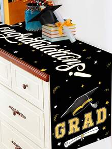 1pc Graduation Celebration Party Tablecloth, Black Congratulations Graduate Black & Gold Mortarboard Pattern Table Runner, 2026 Graduation Tablecloth Tabletop Decor, Graduation Party 2026 Restaurant Table Decor, Home Decor, Graduation Party Supplies, Graduation Theme Table Runner, Party Favors, Photography Props - Black and Gold Graduation Cap - View 8