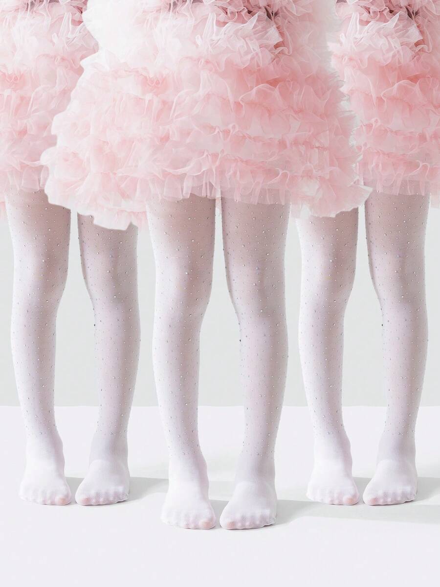 1pc Girls/Girl's Shiny Crystal Embellished Pantyhose, Classic Lightweight Breathable Hollow-Out White Mesh Stockings, Personalized Fashionable Comfortable Skin-Friendly Casual Leggings, Suitable For Holidays, Gifts, School Performances, Celebrations, Pairing With Skirts - White - View 1