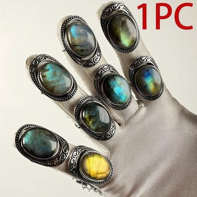 1PC Vintage Bohemian Natural Stone Ring For Men And Women - Adjustable Ring, Antique Silvery Labradorite Rings, Cabachons Labradorite Stone With Iridescent Blue & Green Hues, Ideal For Daily Wear & Gifts, Finger Ring, Men Jewelry