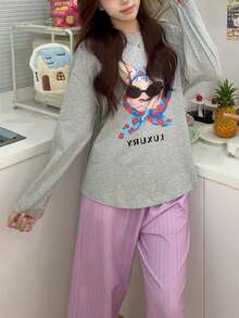 2pcs/Set Women Cotton Cute Printed Long Sleeve Pajama Set, Spring/Autumn - Grey - View 6